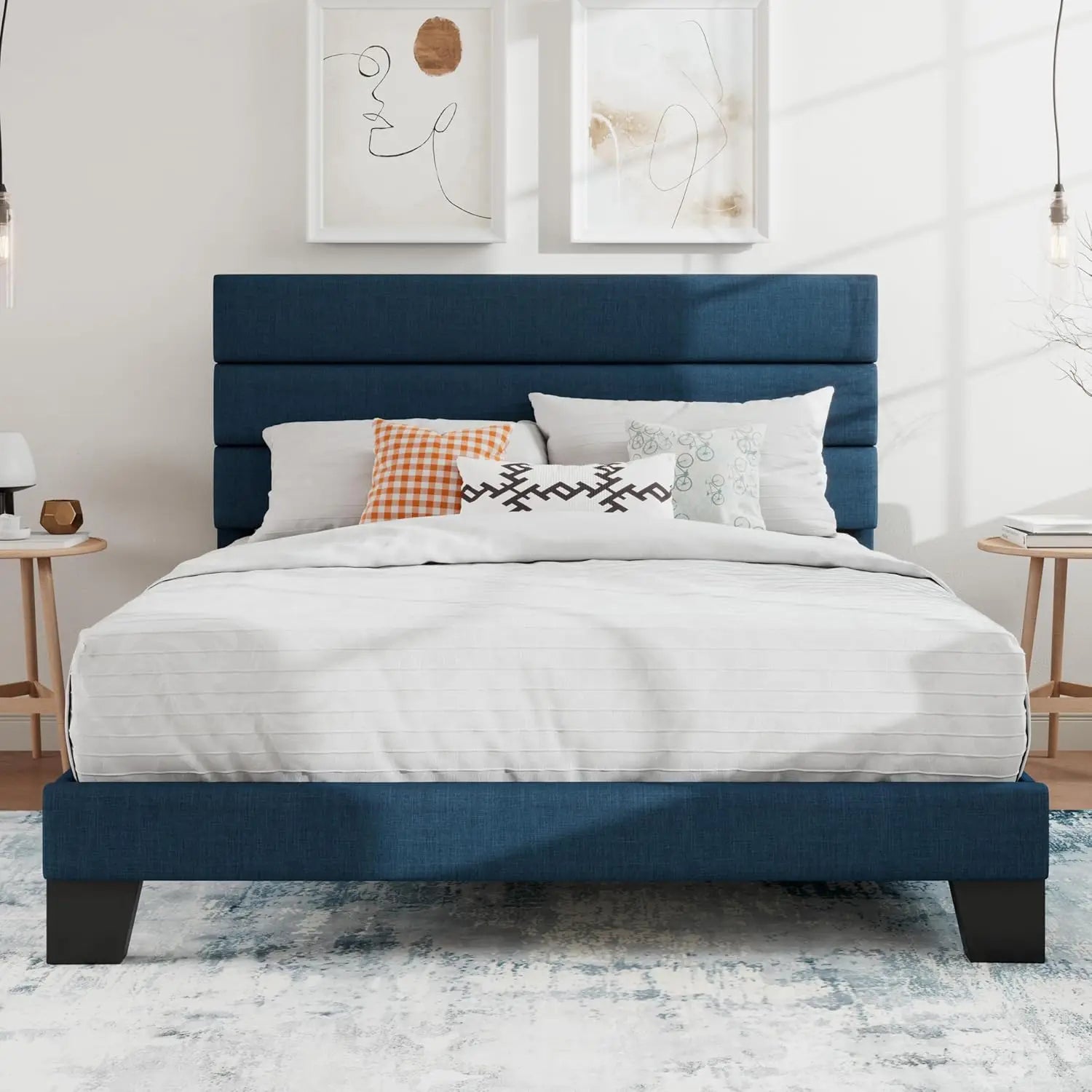 Full Platform Bed Frame with Upholstered Fabric Headboard, Strong Wooden Slats Support, No Box Spring Needed in Blue - LuxeHome Furniture