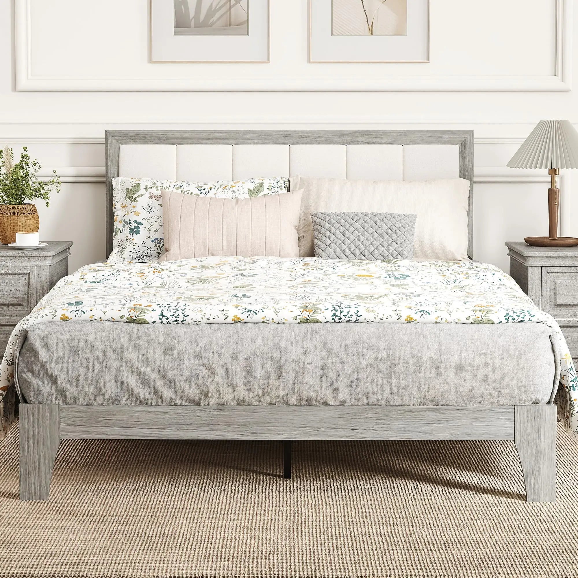 Full Size Bed Frame with Upholstered Headboard, Platform Bed Frame with Wooden Slats, No Box Spring Needed - LuxeHome Furniture