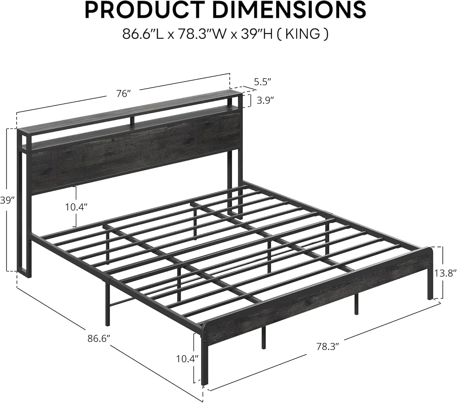 Dark Wood King Bed Frame with Headboard, Sturdy Noise-Free Design, No Box Spring Needed, Charcoal Grey - LuxeHome Furniture