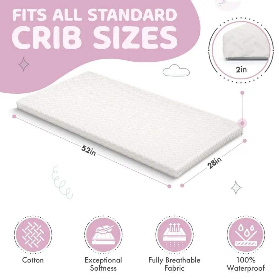 Crib Mattress Topper – Memory Foam, Waterproof & Breathable with Soft Washable Cover Fits Standard Cribs & Toddler Beds - LuxeHome Furniture