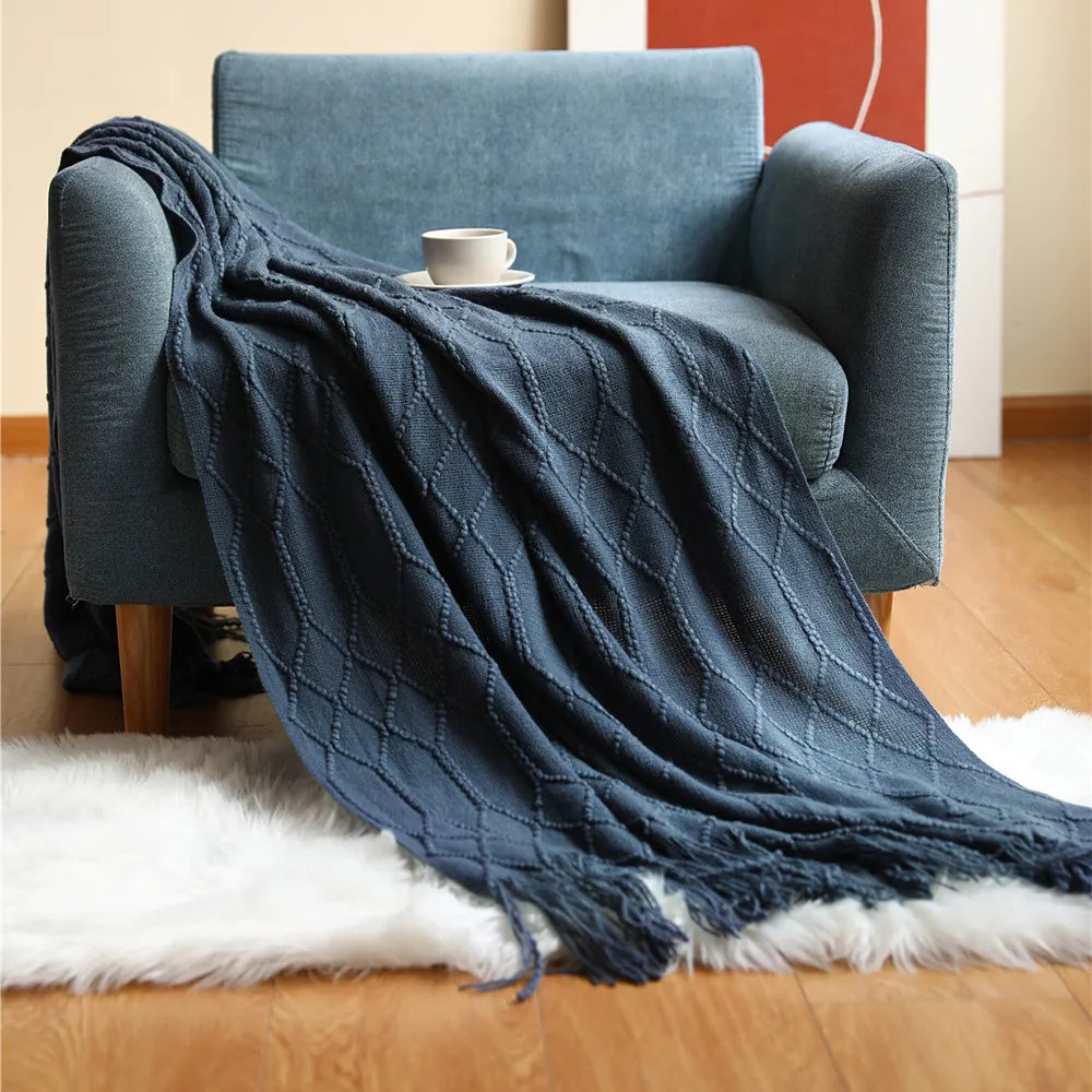 "Khaki Chunky Knit Blanket with Tassels – Oversized Vintage Farmhouse Throw, Luxury Sofa & Bedspread" - LuxeHome Furniture