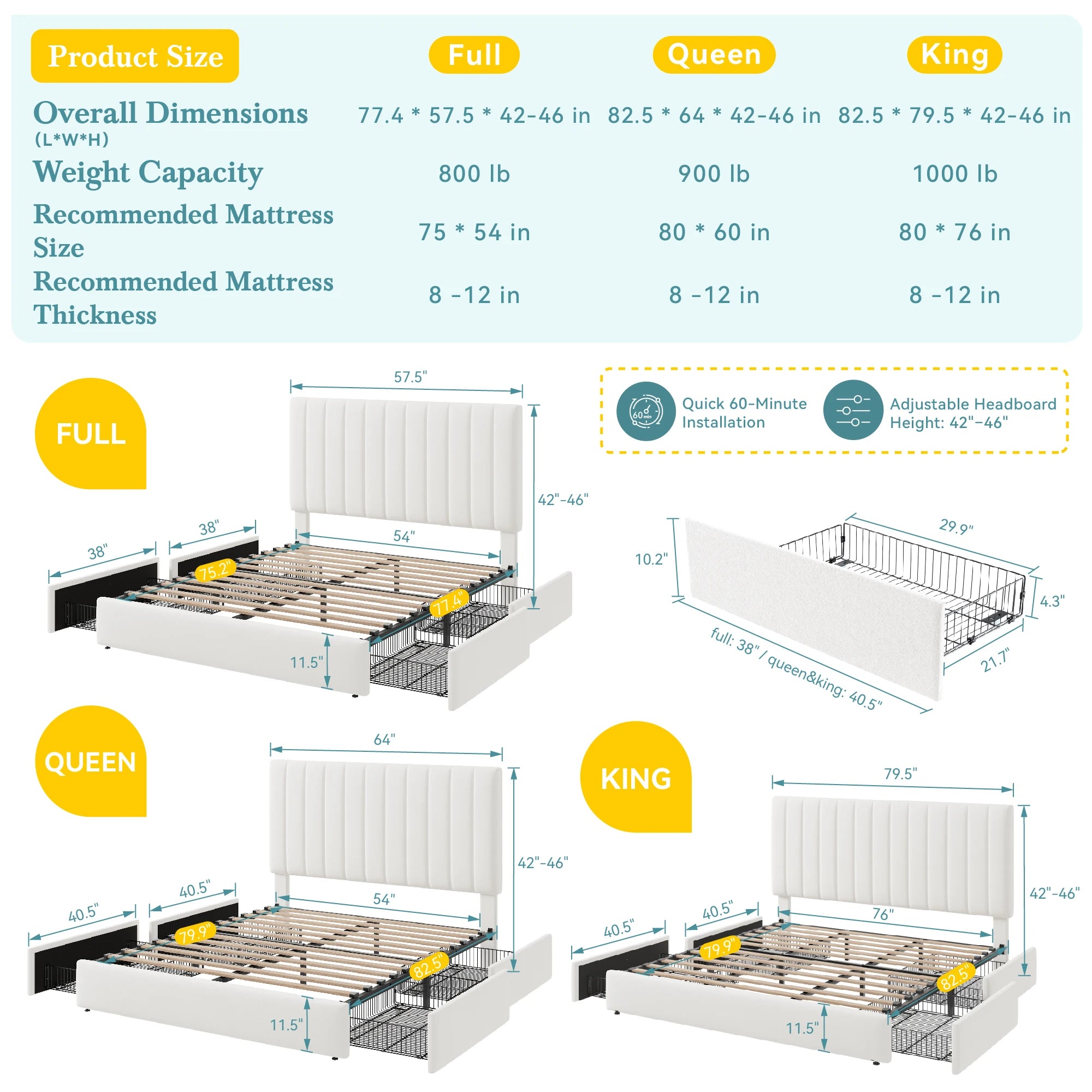 (Full/Queen/King) Velvet Upholstered Storage Bed — Vertical Channel Adjustable Headboard, 4 Under‑Bed Drawers, Mattress‑Ready Slat - LuxeHome Furniture