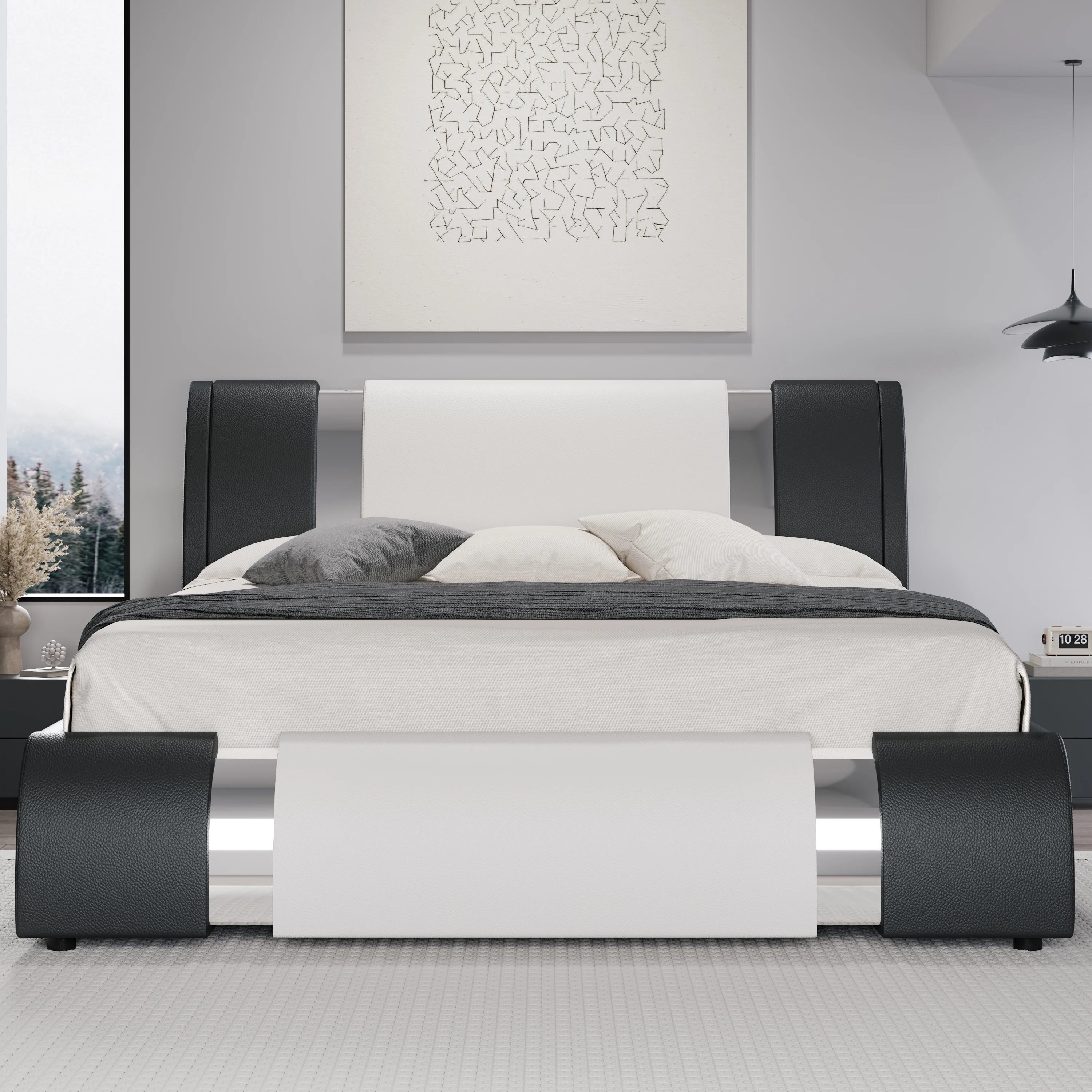 Queen Modern Faux Leather Platform Bed — Low‑Profile Design with Iron Accent Trim & Height‑Adjustable Headboard - LuxeHome Furniture