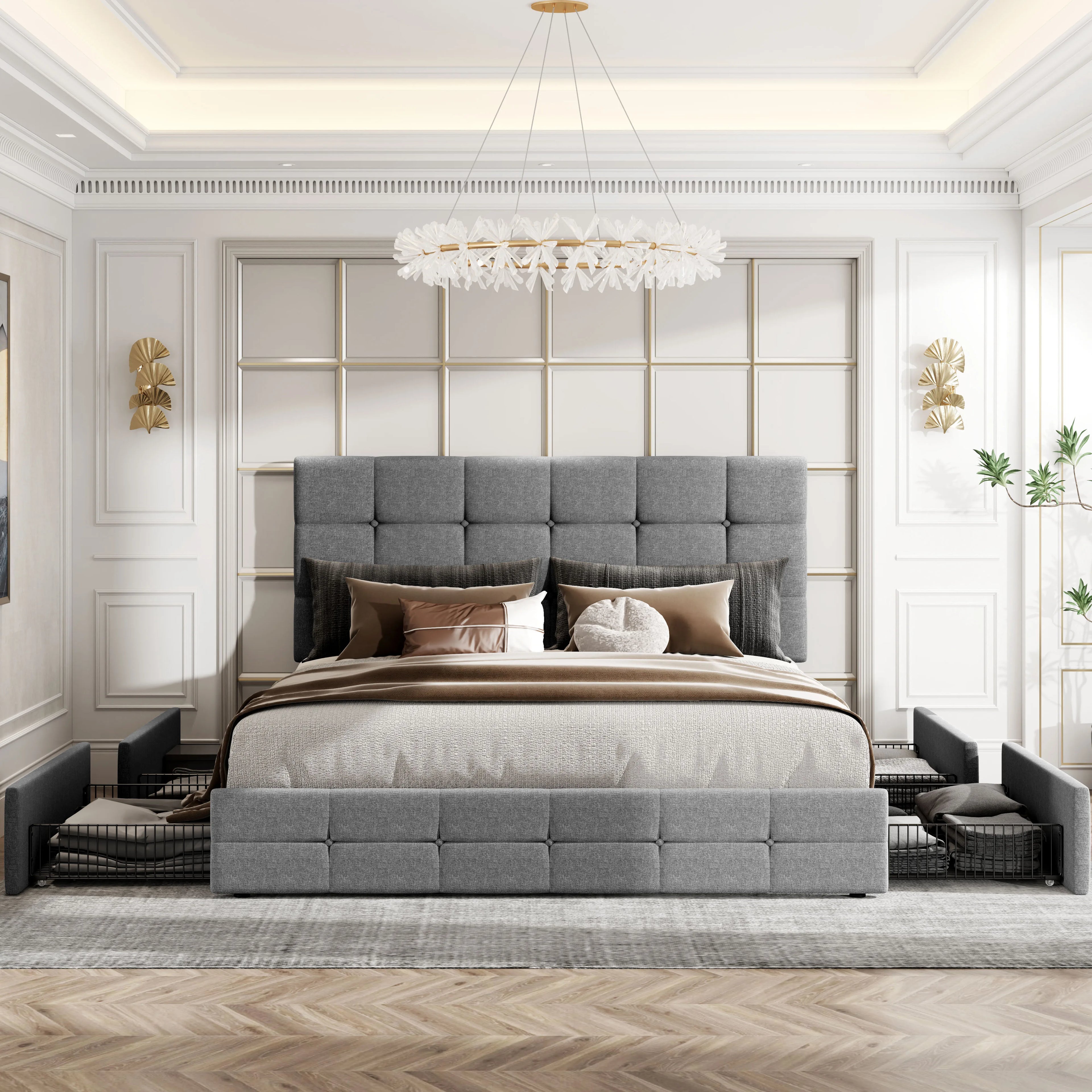 (King/Queen/Full) Platform Storage Bed Adjustable Headboard, 4 Under‑Bed Drawers, Square Stitch Button‑Tufted Upholstery - LuxeHome Furniture