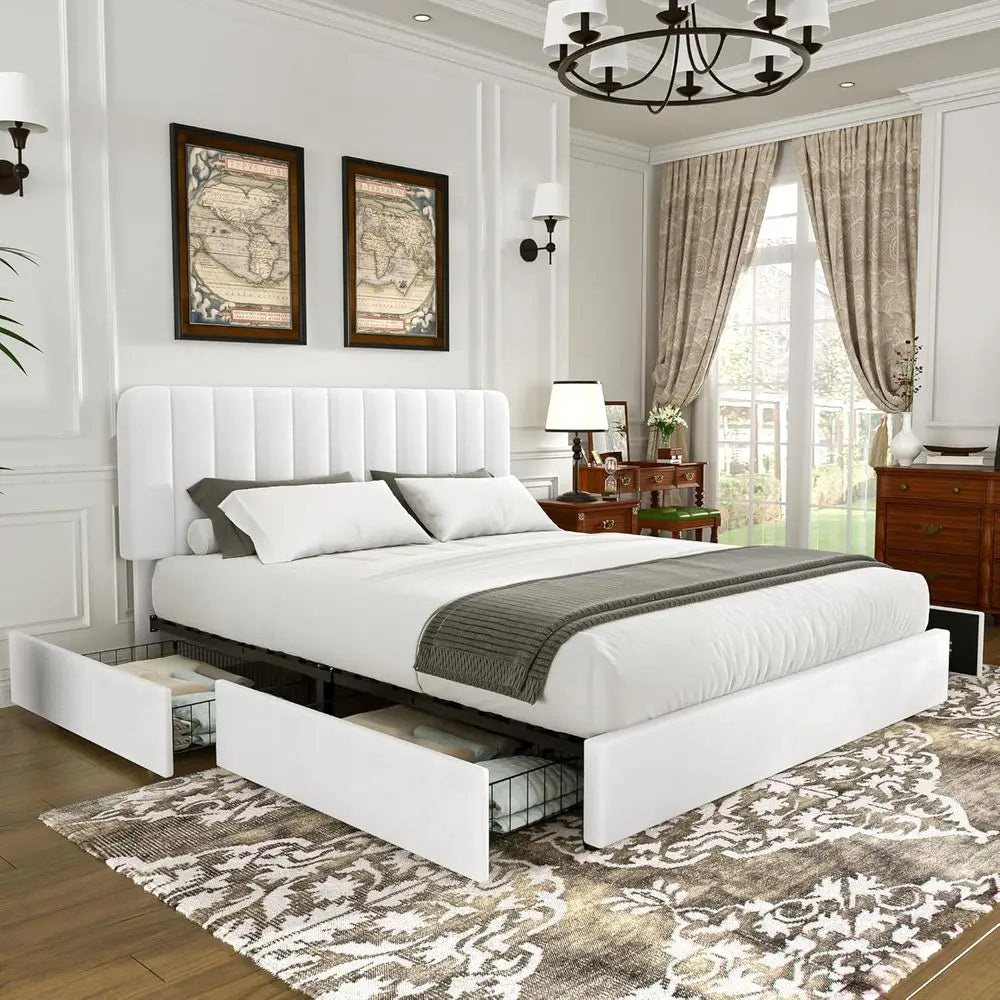 Full Velvet Upholstered Platform Bed 4 Drawer Storage, Solid Wood Slats, No Box Spring Needed - LuxeHome Furniture