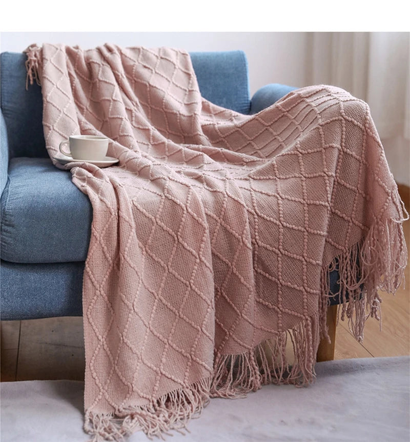 "Khaki Chunky Knit Blanket with Tassels – Oversized Vintage Farmhouse Throw, Luxury Sofa & Bedspread" - LuxeHome Furniture
