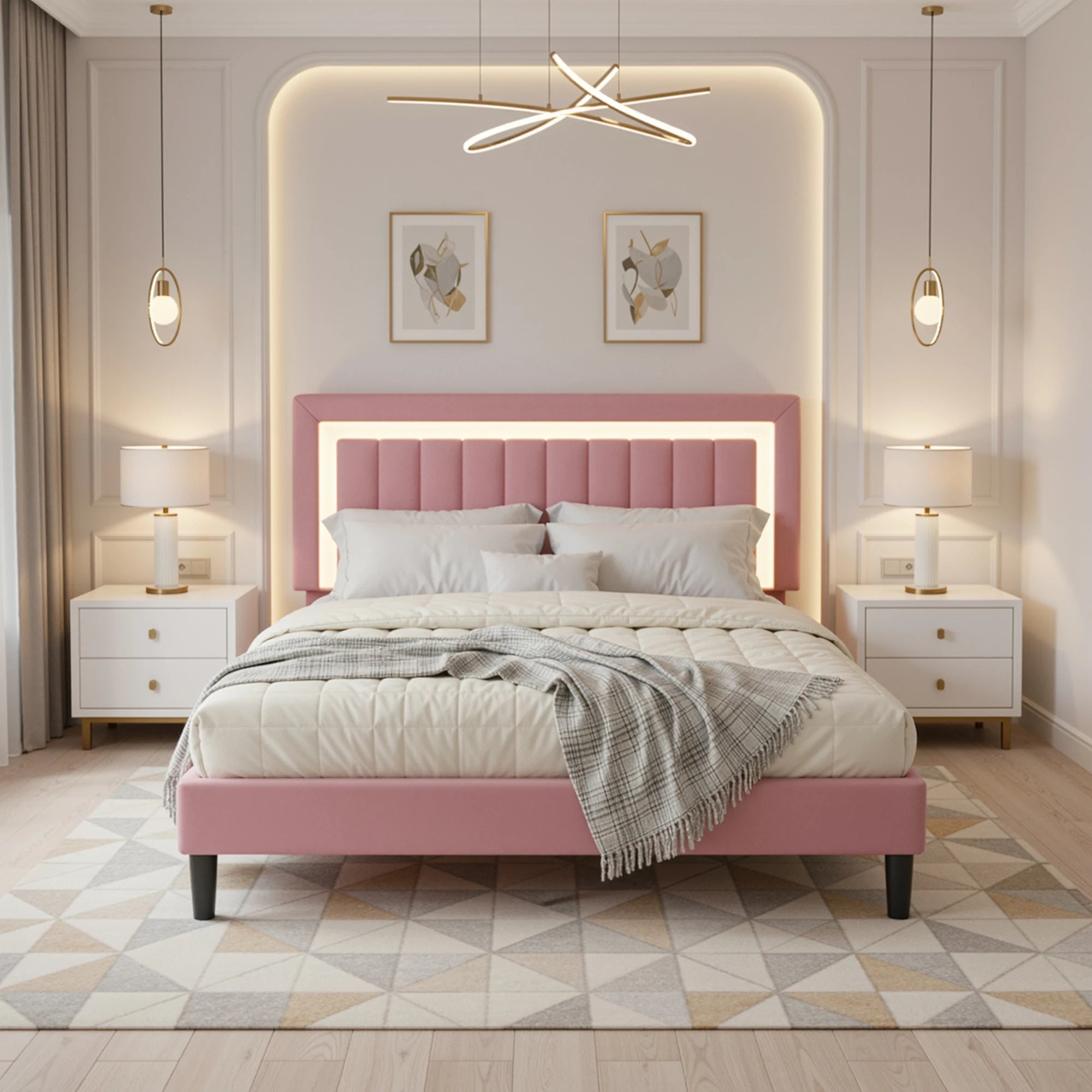 (Full/Queen/King) Velvet Platform Bed with RGB LED Headboard — Adjustable RGB Lighting, Sturdy Slat Support, Noise‑Free - LuxeHome Furniture