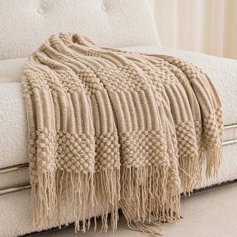 "Khaki Chunky Knit Blanket with Tassels – Oversized Vintage Farmhouse Throw, Luxury Sofa & Bedspread" - LuxeHome Furniture