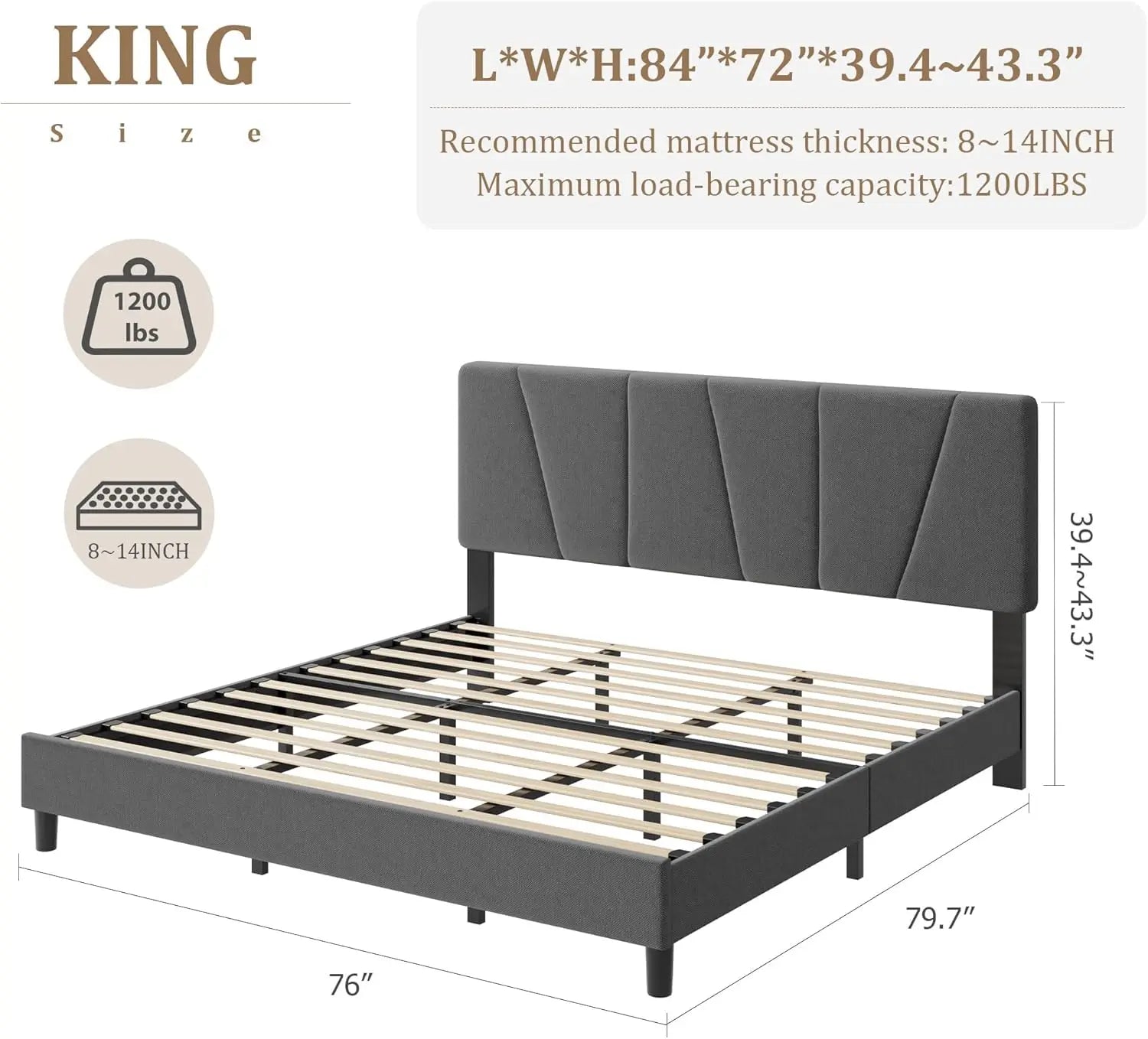 King Linen Upholstered Platform Bed — 3‑Position Adjustable Padded Headboard, Reinforced Wooden Slats, Quick Assembly - LuxeHome Furniture
