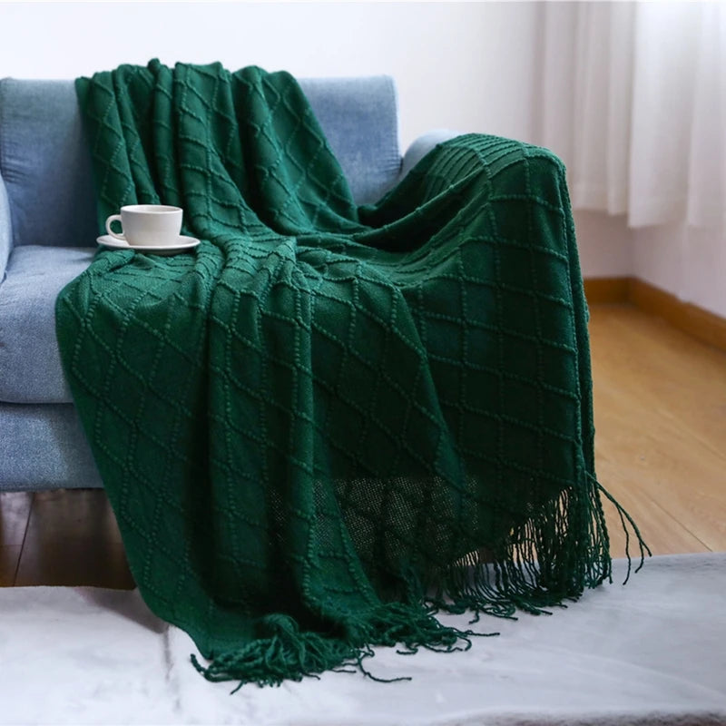 "Khaki Chunky Knit Blanket with Tassels – Oversized Vintage Farmhouse Throw, Luxury Sofa & Bedspread" - LuxeHome Furniture