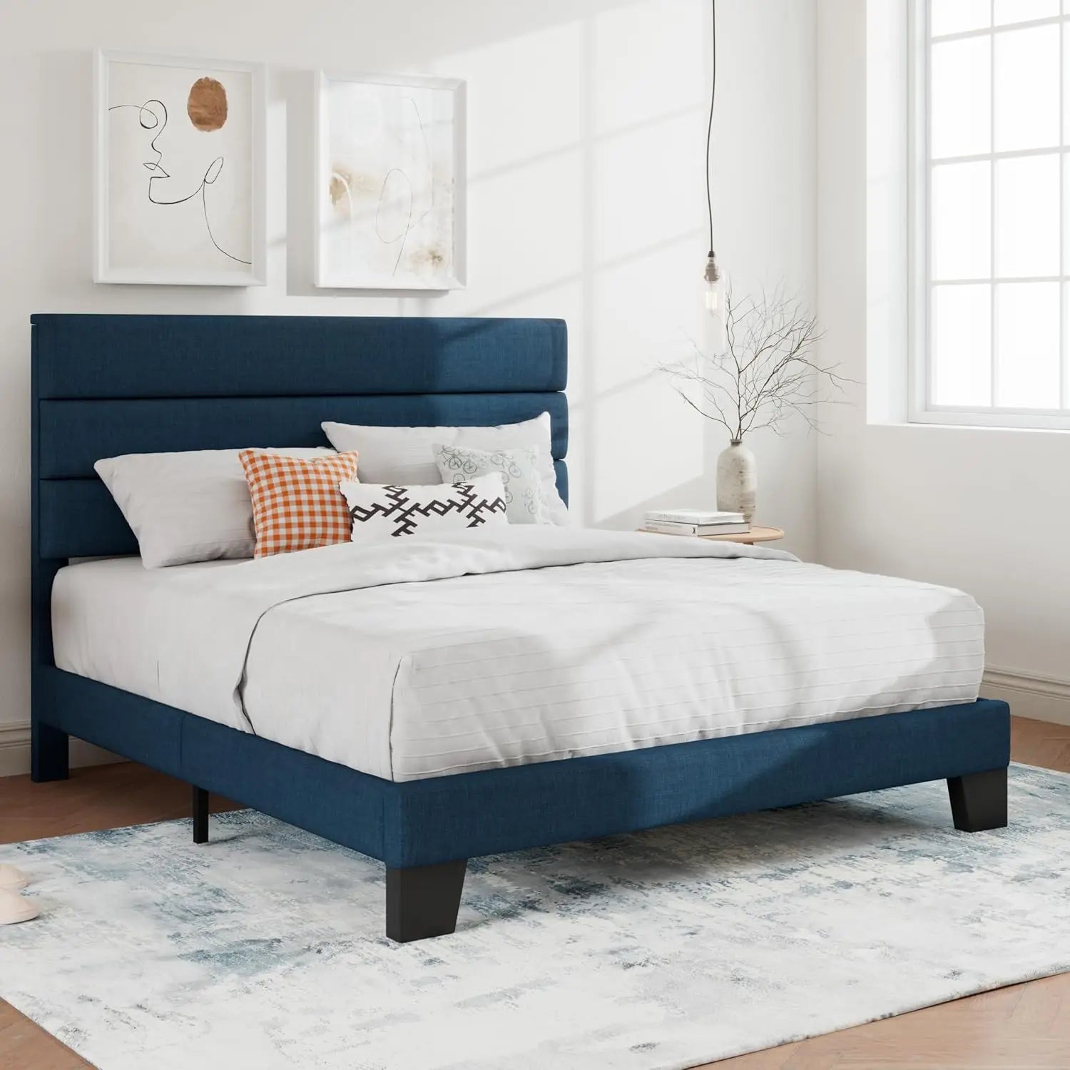 Full Platform Bed Frame with Upholstered Fabric Headboard, Strong Wooden Slats Support, No Box Spring Needed in Blue - LuxeHome Furniture