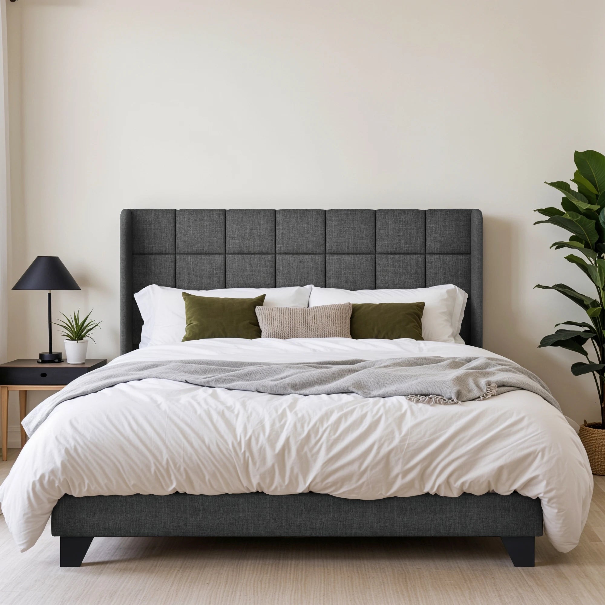Queen Wingback Fabric Bed Frame — Square‑Stitched Headboard, Upholstered Platform with Strong Wooden Slat Support - LuxeHome Furniture