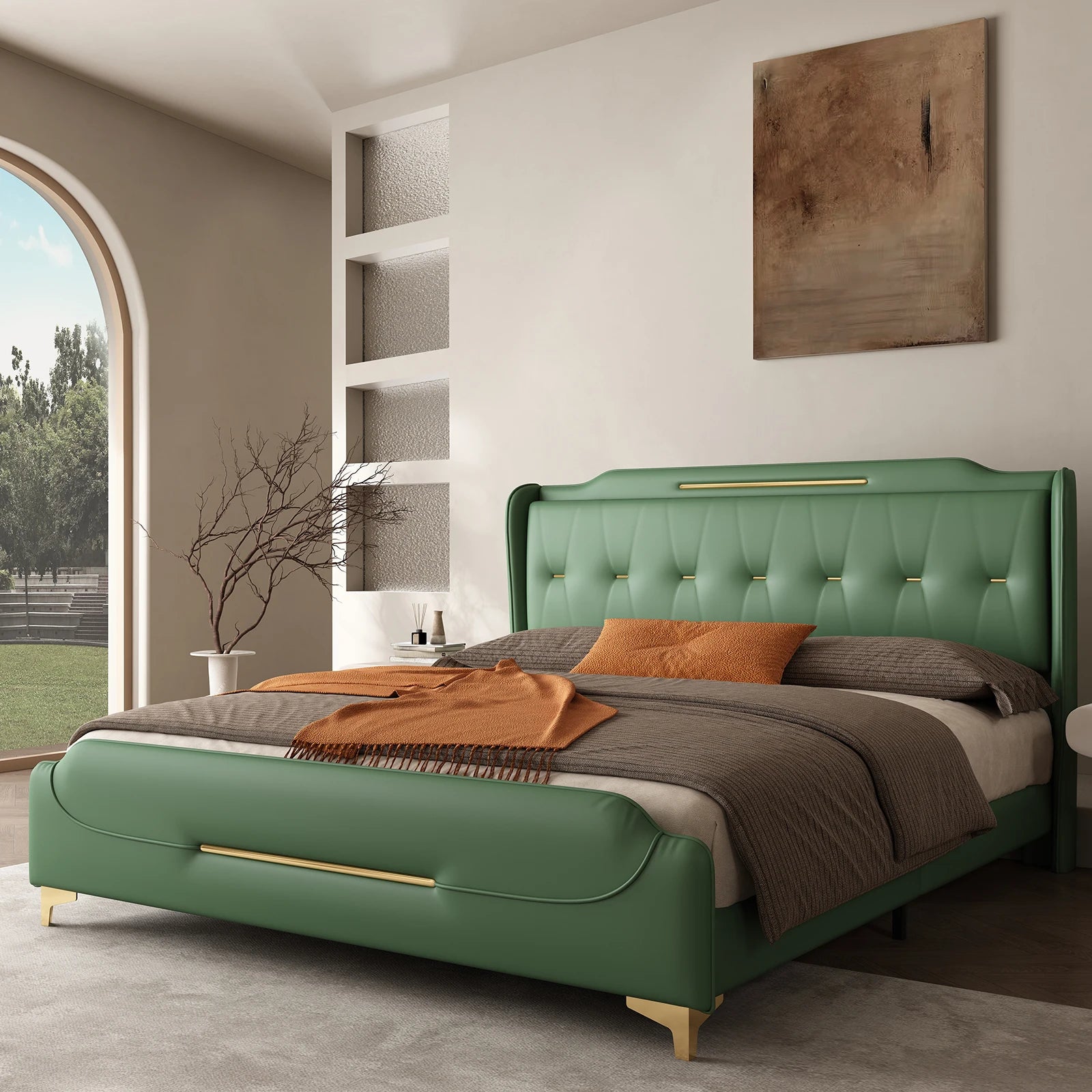 Queen Faux Leather Platform Bed — Gold Iron Accents, Solid Wood Frame & Metal Legs, Upholstered Modeen Design - LuxeHome Furniture