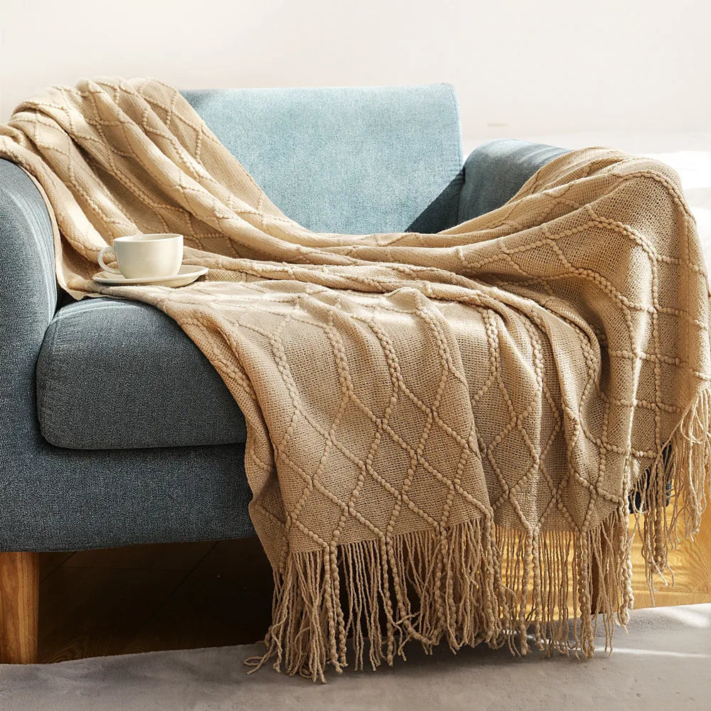 "Khaki Chunky Knit Blanket with Tassels – Oversized Vintage Farmhouse Throw, Luxury Sofa & Bedspread" - LuxeHome Furniture