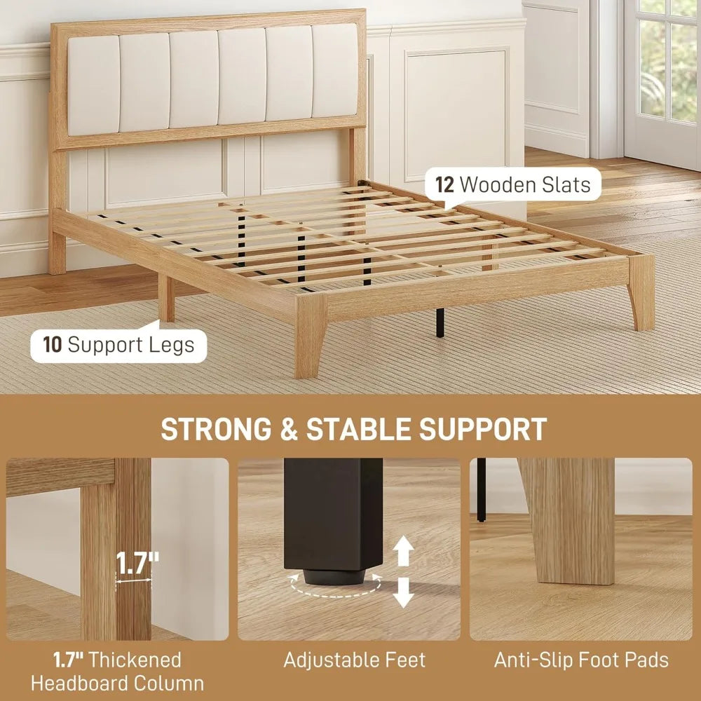 Full Size Bed Frame with Upholstered Headboard, Platform Bed Frame with Wooden Slats, No Box Spring Needed - LuxeHome Furniture
