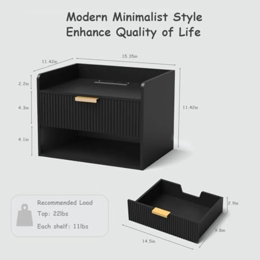 "Set of 2 Wall-Mounted Floating Nightstands with Charging Station and Drawer – Minimalist Wooden Bedside Tables in Black for Bedroom" - LuxeHome Furniture