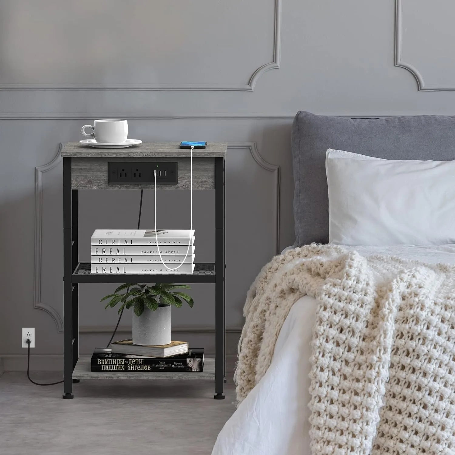 "3-Tier Bedside Table with Charging Station – USB Port and Socket for Convenient Living Room Storage" - LuxeHome Furniture