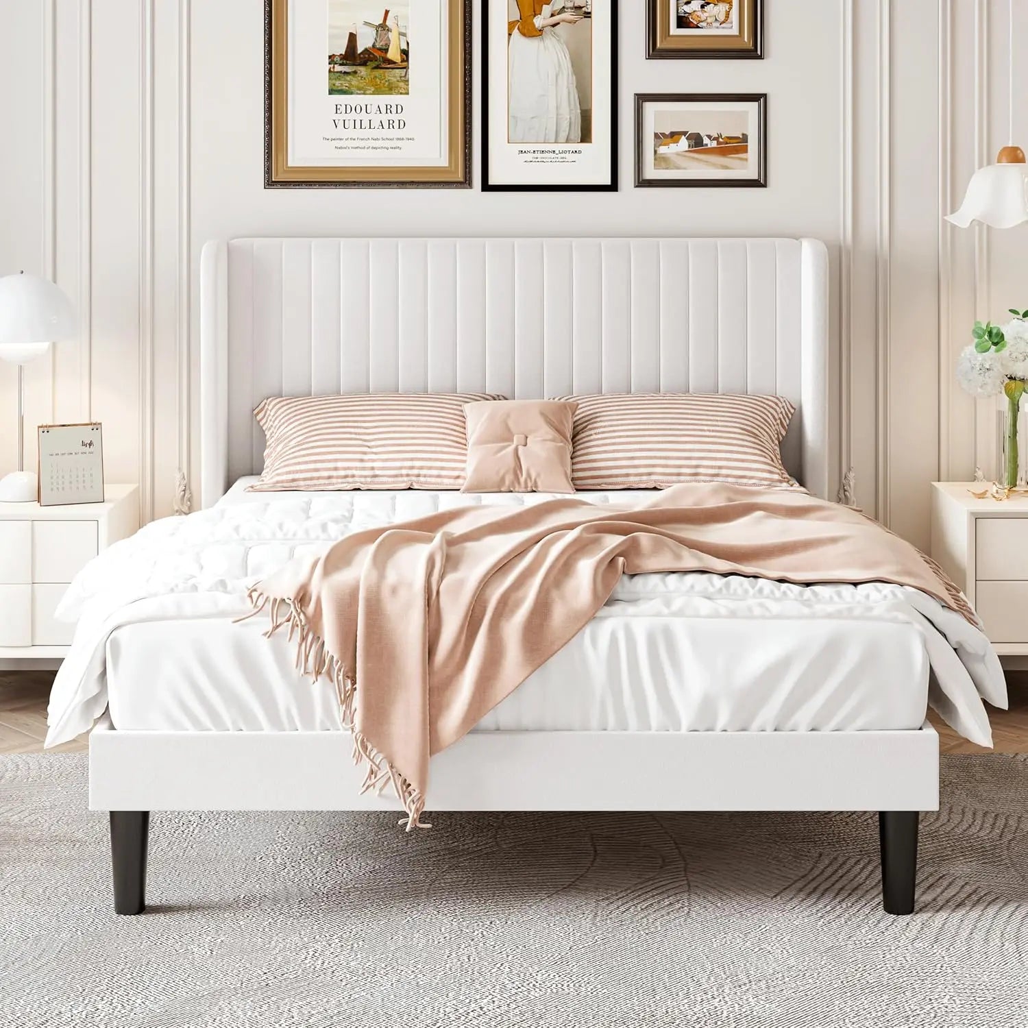 Full Velvet Bed Frame with Wingback Headboard — White Upholstery, Wood Slat Support & Easy Assembly - LuxeHome Furniture