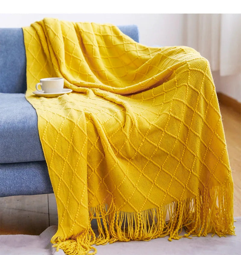 "Khaki Chunky Knit Blanket with Tassels – Oversized Vintage Farmhouse Throw, Luxury Sofa & Bedspread" - LuxeHome Furniture