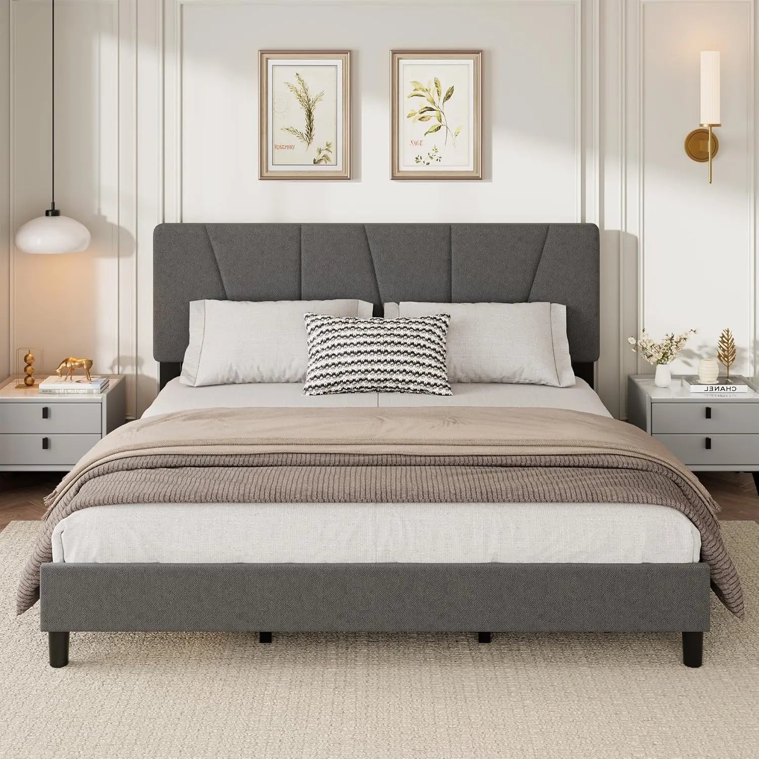 King Linen Upholstered Platform Bed — 3‑Position Adjustable Padded Headboard, Reinforced Wooden Slats, Quick Assembly - LuxeHome Furniture