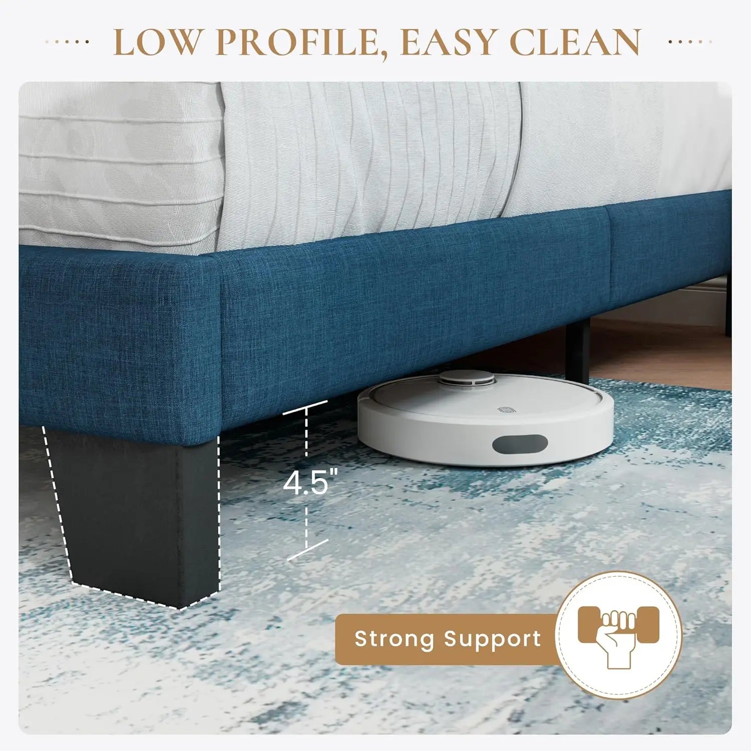 Full Platform Bed Frame with Upholstered Fabric Headboard, Strong Wooden Slats Support, No Box Spring Needed in Blue - LuxeHome Furniture