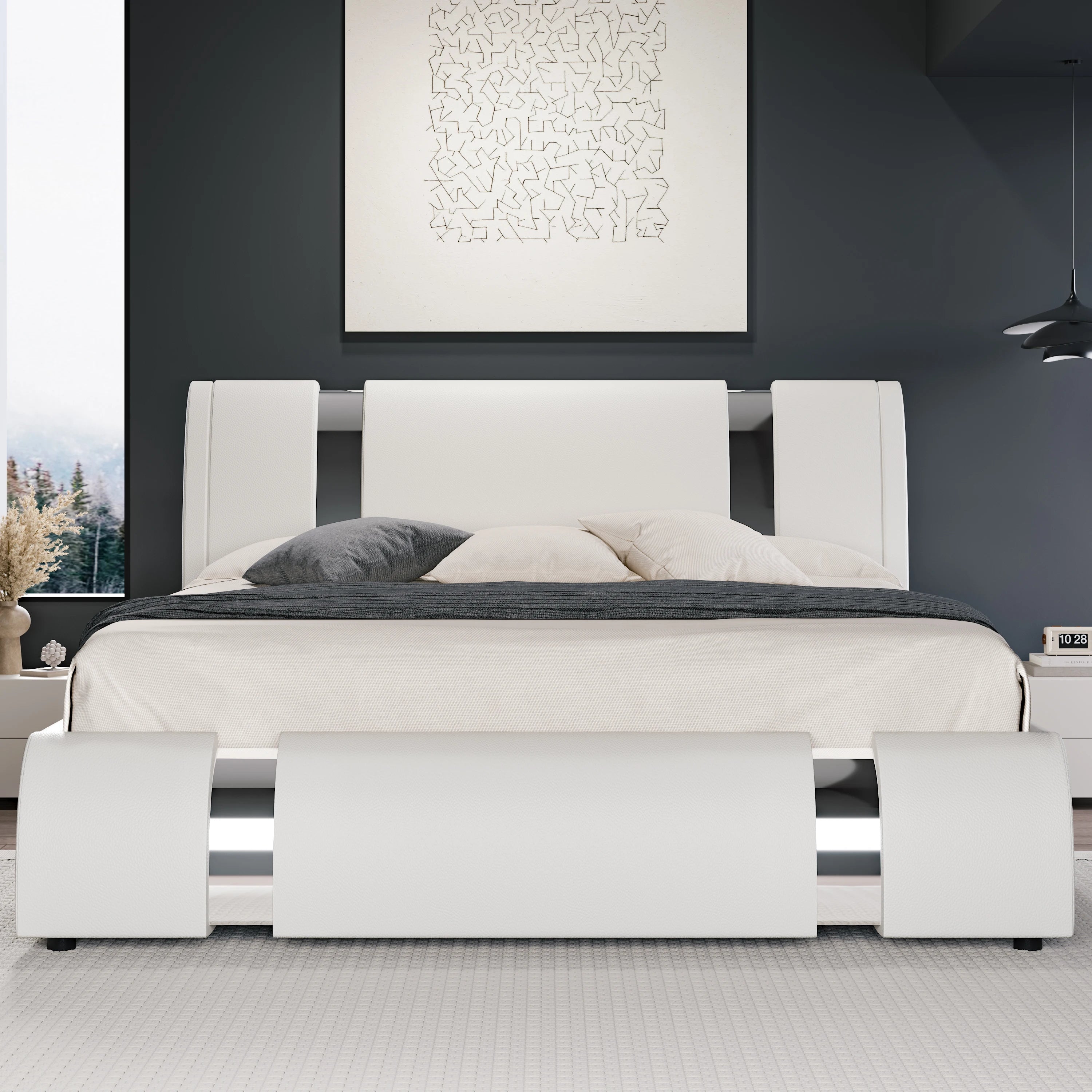 Queen Modern Faux Leather Platform Bed — Low‑Profile Design with Iron Accent Trim & Height‑Adjustable Headboard - LuxeHome Furniture