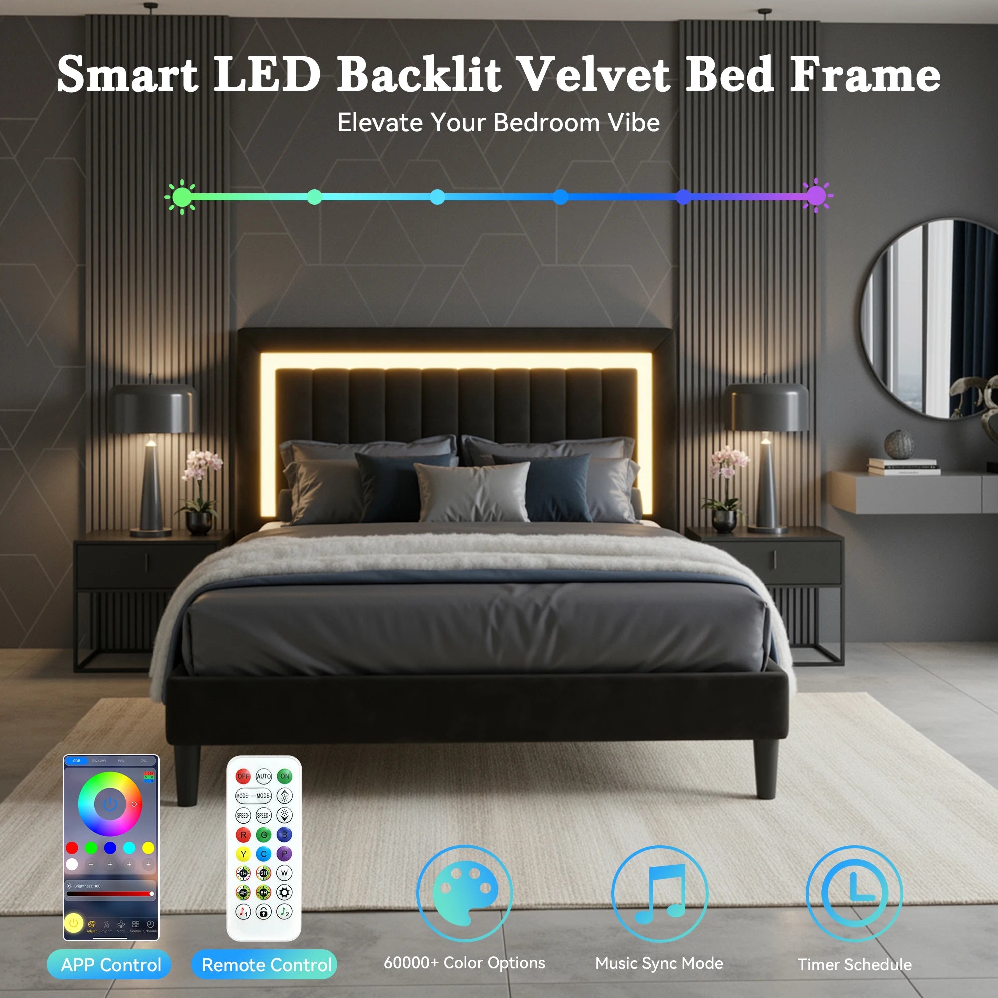 (Full/Queen/King) Velvet Platform Bed with RGB LED Headboard — Adjustable RGB Lighting, Sturdy Slat Support, Noise‑Free - LuxeHome Furniture
