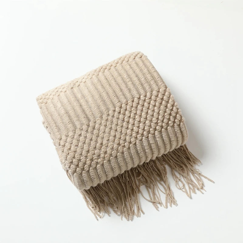 "Khaki Chunky Knit Blanket with Tassels – Oversized Vintage Farmhouse Throw, Luxury Sofa & Bedspread" - LuxeHome Furniture