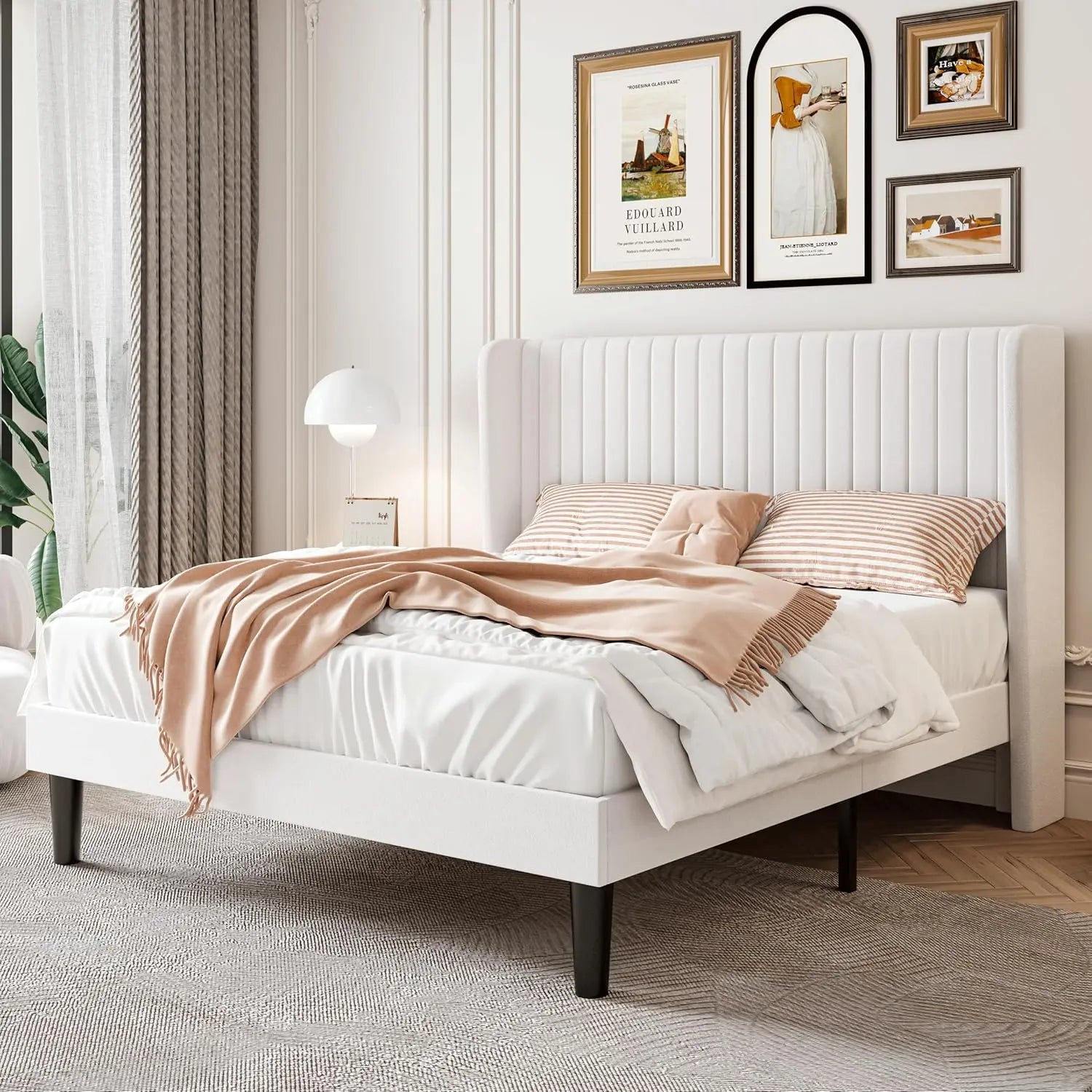 Full Velvet Bed Frame with Wingback Headboard — White Upholstery, Wood Slat Support & Easy Assembly - LuxeHome Furniture