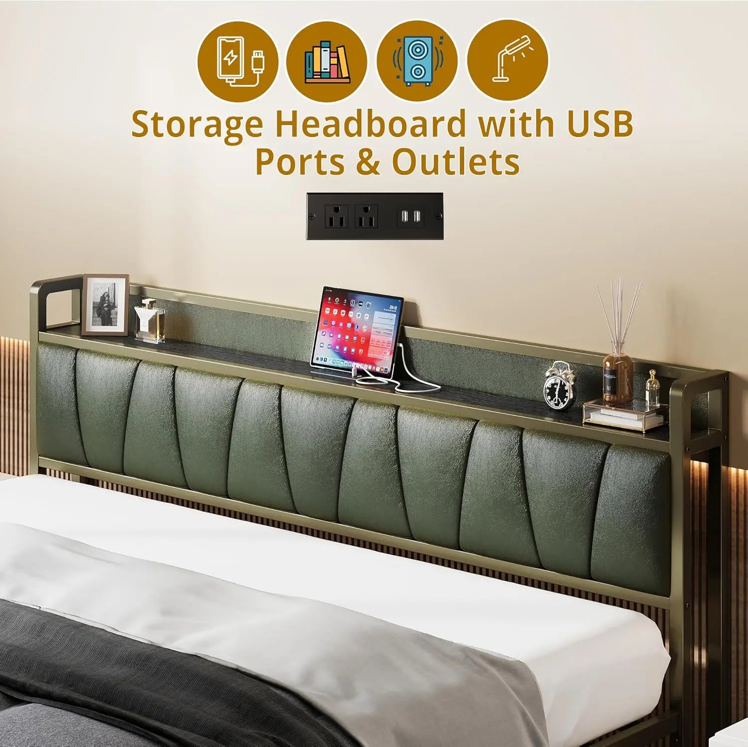 California King Bed Frame with Storage Headboard & Charging Station, Sturdy Metal Slats, Easy Assembly in Dark Green - LuxeHome Furniture