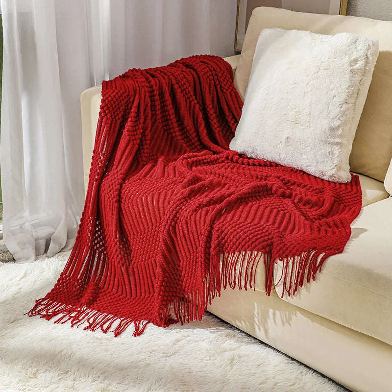 "Khaki Chunky Knit Blanket with Tassels – Oversized Vintage Farmhouse Throw, Luxury Sofa & Bedspread" - LuxeHome Furniture
