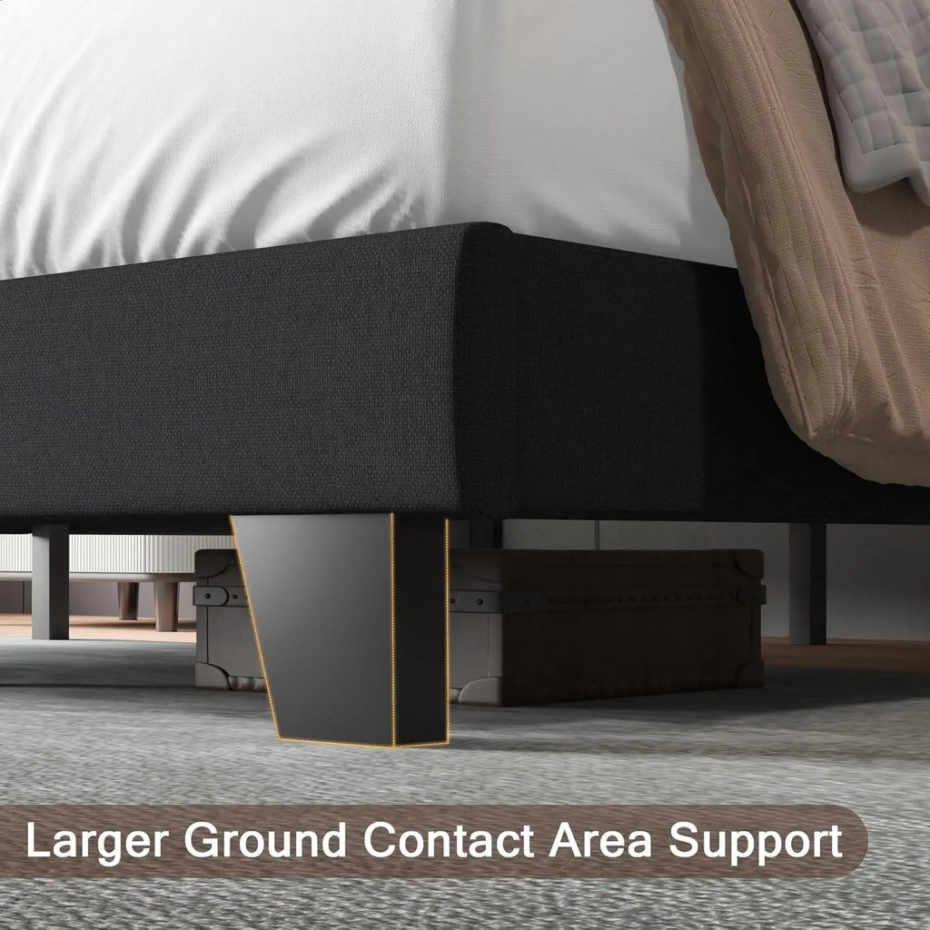 King Size Bed Frame with Linen Headboard, Wooden Slats, Noise-Free, Black - LuxeHome Furniture