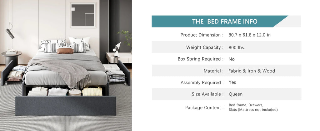 (Queen/Full)  Platform Bed Frame — 3 Under‑Bed Drawers, Headboard Compatible, Wooden Slats, No Box Spring - LuxeHome Furniture