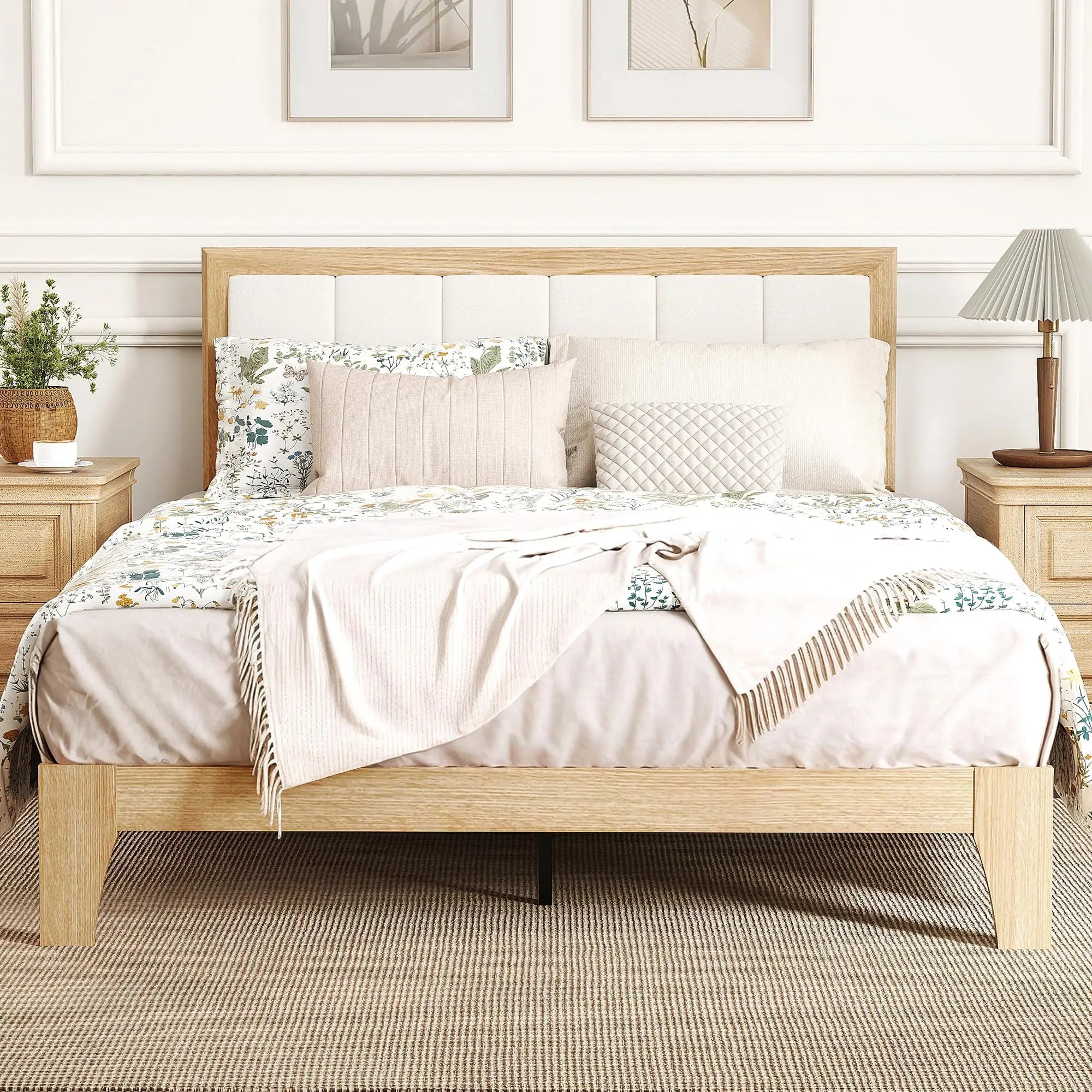 Full Size Bed Frame with Upholstered Headboard, Platform Bed Frame with Wooden Slats, No Box Spring Needed - LuxeHome Furniture