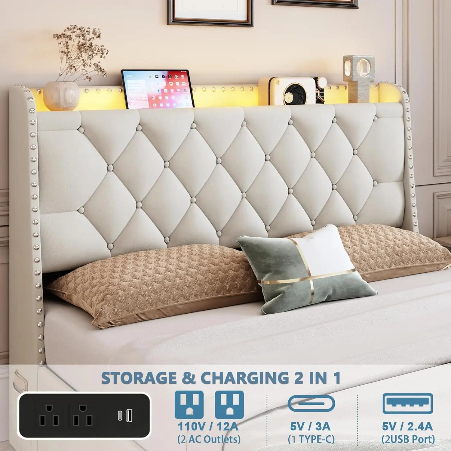Queen Size Bed Frame with 4 Drawers & Storage Headboard, Upholstered Platform Bed with LED Lights & Charging Station - LuxeHome Furniture