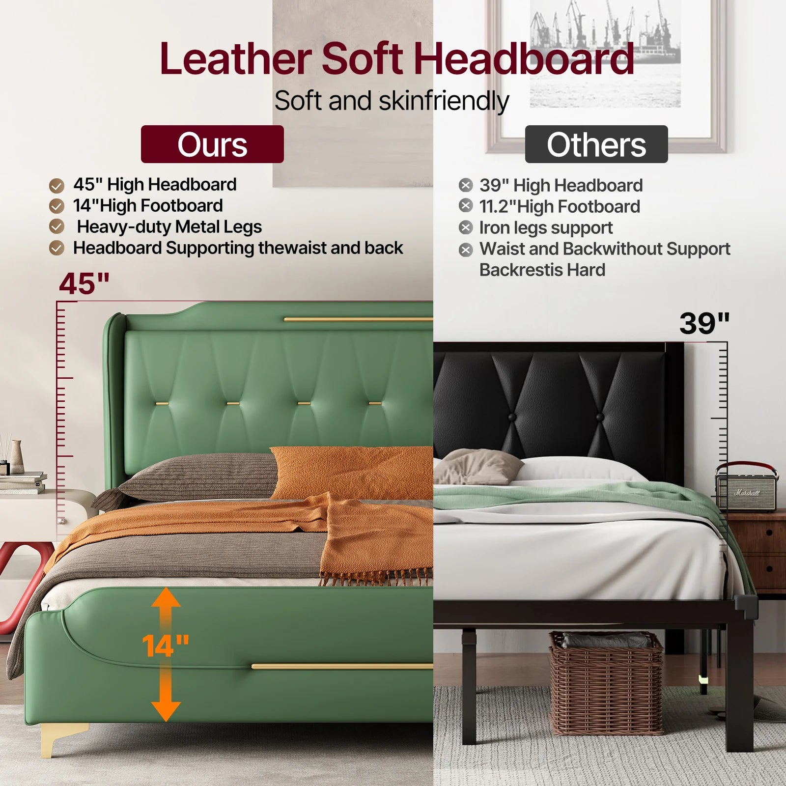 Queen Faux Leather Platform Bed — Gold Iron Accents, Solid Wood Frame & Metal Legs, Upholstered Modeen Design - LuxeHome Furniture