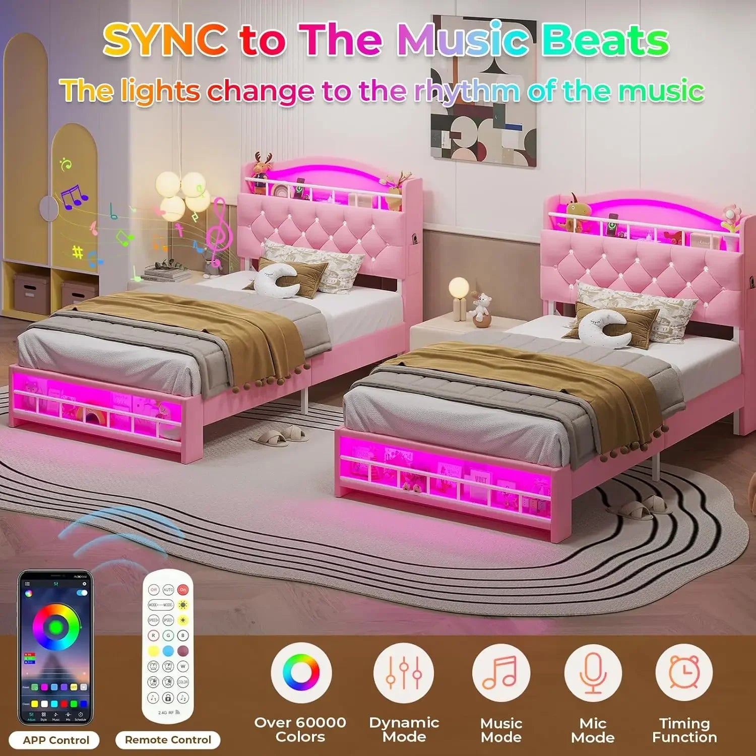 (Twin/Full/Queen) Princess Velvet Upholstered Platform Bed — LED Accent Lights & Headboard Charging Station - LuxeHome Furniture